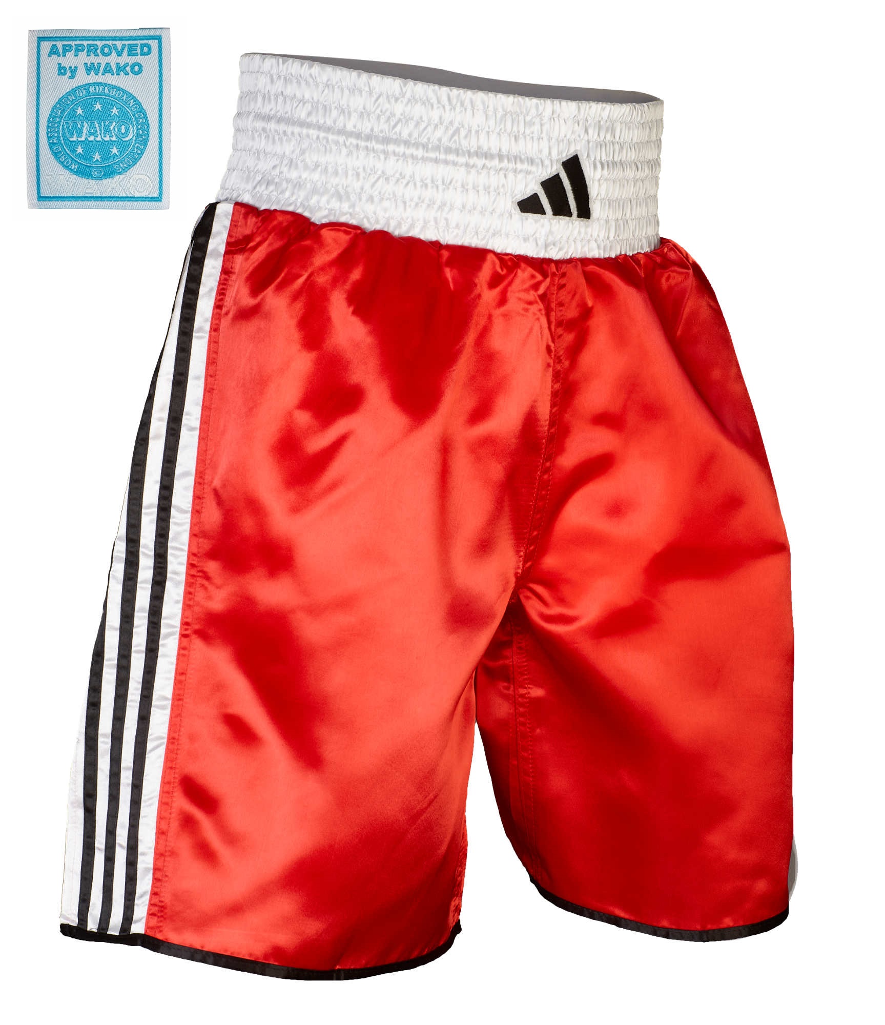 Boxing shorts, Rot, Weißer Bund, Schwarzer Streifen, Glänzendes Material