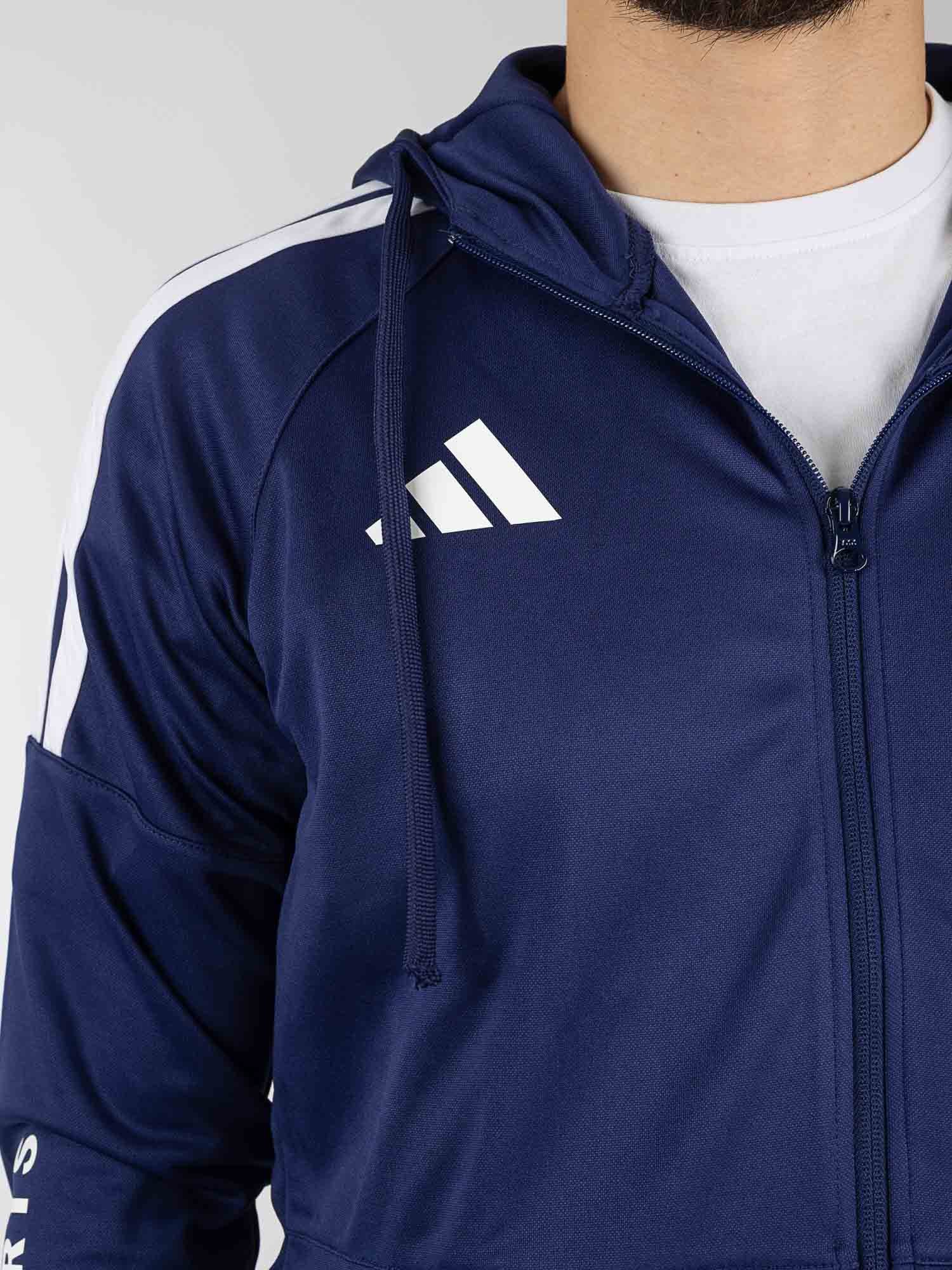 hoodie, Reißverschluss, navy, weiße Streifen, Kapuze