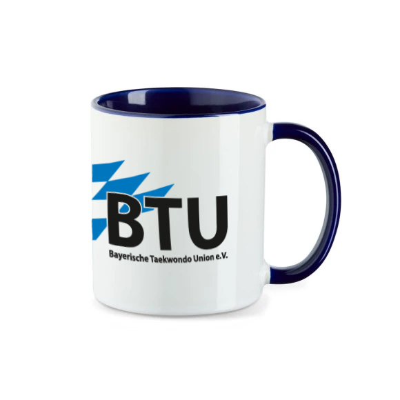 tasse, keramik, weiß, blau, BTU-Logo