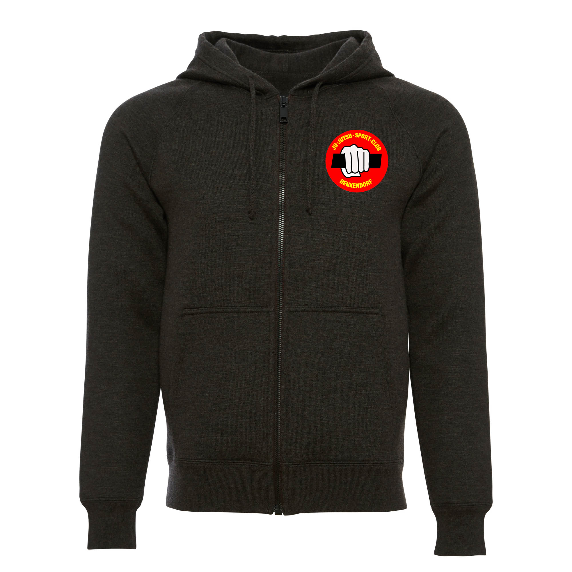 hoodie, Reißverschluss, Vordertasche, schwarz, Logoaufnäher