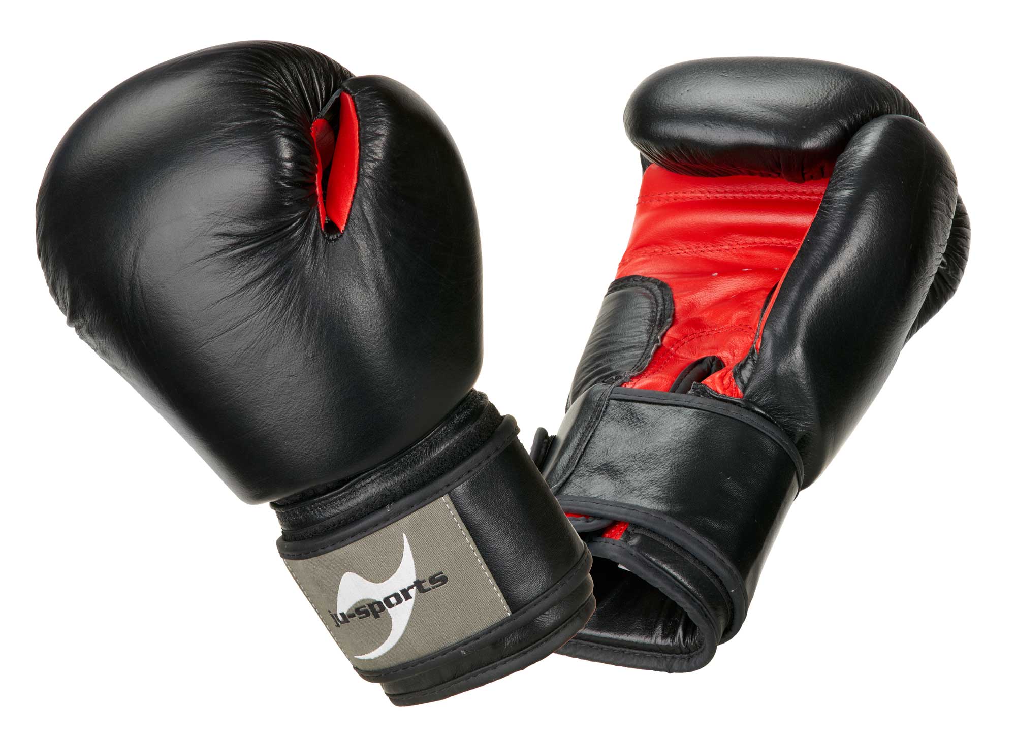 Boxhandschuhe, Lederhandschuhe, Schwarz, Rot innen, Klettverschluss