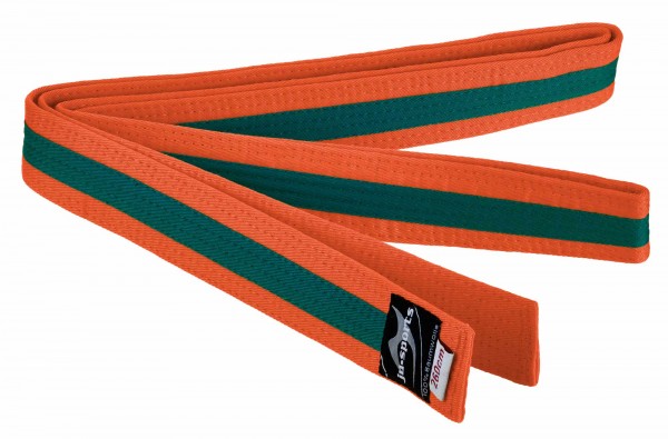 Judogürtel orange-grün Mittelstreifen mit Judo-Label 
